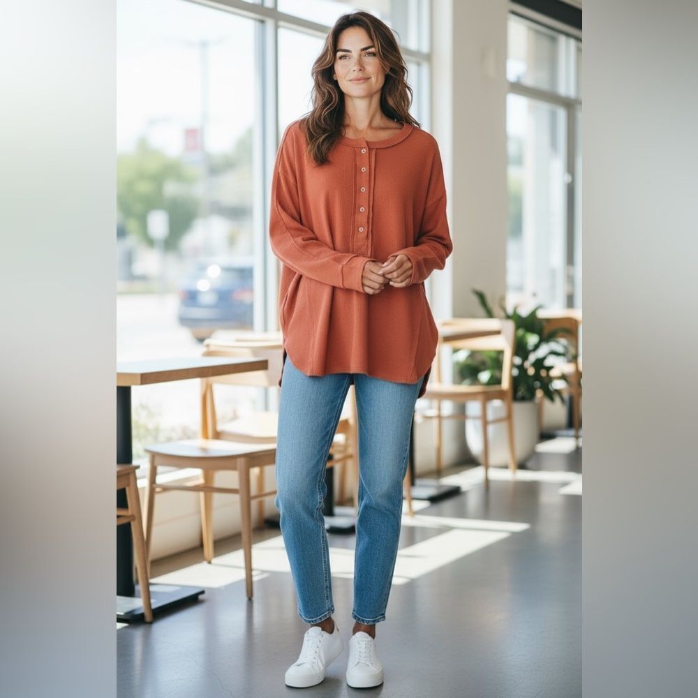 NWOT Vanilla Bay Women's Burnt Orange Button Henley Long Sleeve Top Shirt - 1X